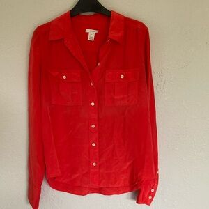 J Crew Silk Button Down Long Sleeve Shirt 2 Pockets Coral Red Size 4